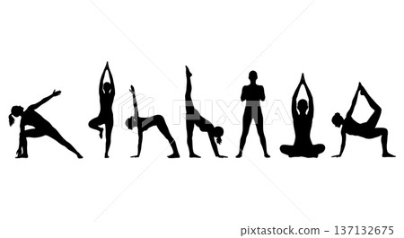 Black Solid Energy Awakening Salutation Silhouettes Set of Six on White Background Black Solid Energy Awakening Salutation Silhouettes Set of Six on White Background 137132675