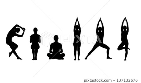 Black Solid Energy Awakening Salutation Silhouettes Set of Six on White Background 137132676