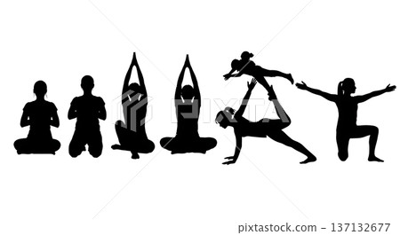 Black Solid Energy Awakening Salutation Silhouettes Set of Six on White Background Black Solid Energy Awakening Salutation Silhouettes Set of Six on White Background 137132677