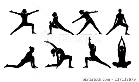 Black Solid Energy Flow Salutation Yoga Silhouettes Set of Six on White Background 137132679