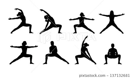 Black Solid Energy Flow Salutation Yoga Silhouettes Set of Six on White Background 137132681