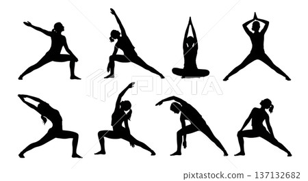 Black Solid Energy Flow Salutation Yoga Silhouettes Set of Six on White Background Black Solid Energy Flow Salutation Yoga Silhouettes Set of Six on White Background 137132682