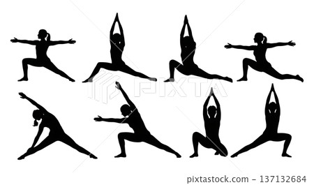 Black Solid Energy Flow Sunrise Yoga Silhouettes Set of Six on White Background 137132684