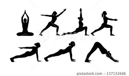 Black Solid Energy Flow Sunrise Yoga Silhouettes Set of Six on White Background 137132686