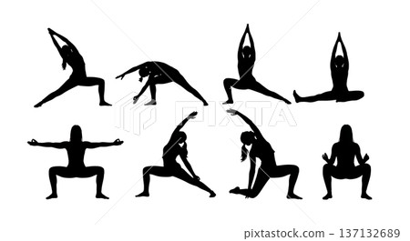 Black Solid Energy Flow Yoga Poses Silhouettes Set of Six on White Background 137132689