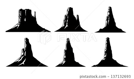 Black Solid Eroded Butte Stone Chimney Silhouettes Set of Six on White Background Black Solid Eroded Butte Stone Chimney Silhouettes Set of Six on White Background 137132693