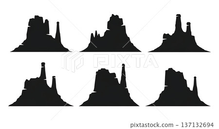 Black Solid Eroded Butte Stone Chimney Silhouettes Set of Six on White Background 137132694