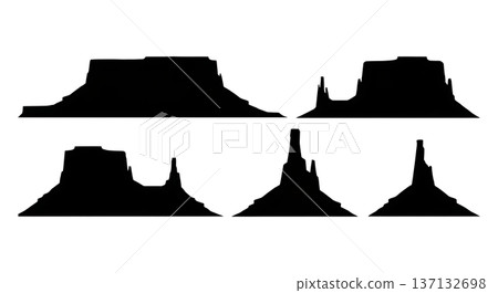 Black Solid Eroded Canyon Mesa Silhouettes Set of Six on White Background Black Solid Eroded Canyon Mesa Silhouettes Set of Six on White Background 137132698