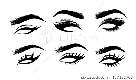 Black Solid Eyebrow Makeup Silhouettes Set of Six on White Background 137132708