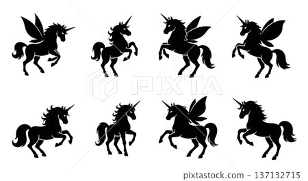 Black Solid Fairy Garden Unicorn Silhouettes Set of Six on White Background 137132715