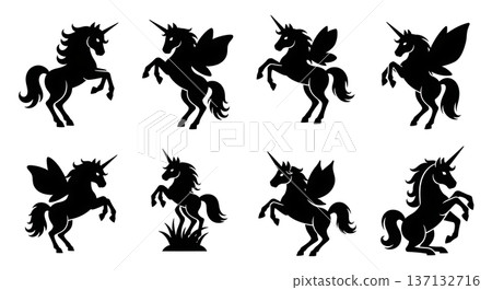 Black Solid Fairy Garden Unicorn Silhouettes Set of Six on White Background Black Solid Fairy Garden Unicorn Silhouettes Set of Six on White Background 137132716