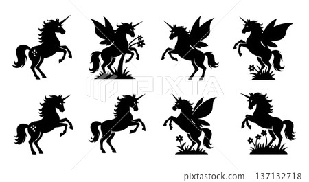 Black Solid Fairy Garden Unicorn Silhouettes Set of Six on White Background Black Solid Fairy Garden Unicorn Silhouettes Set of Six on White Background 137132718