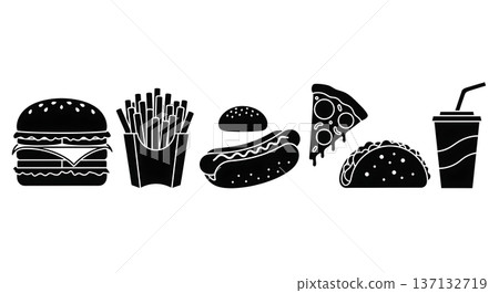 Black Solid Fast Food Silhouettes Set of Six on White Background Black Solid Fast Food Silhouettes Set of Six on White Background 137132719