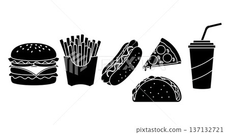 Black Solid Fast Food Silhouettes Set of Six on White Background Black Solid Fast Food Silhouettes Set of Six on White Background 137132721