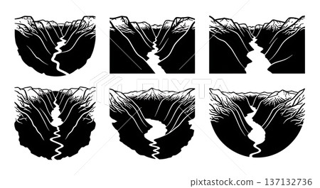 Black Solid Fjord Glacial Valley Silhouettes Set of Six on White Background Black Solid Fjord Glacial Valley Silhouettes Set of Six on White Background 137132736