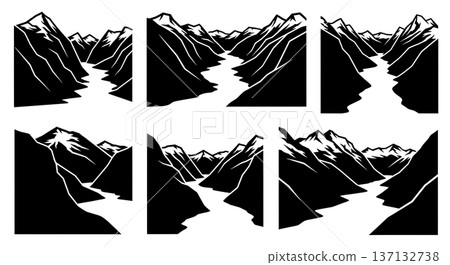 Black Solid Fjord Glacial Valley Silhouettes Set of Six on White Background 137132738