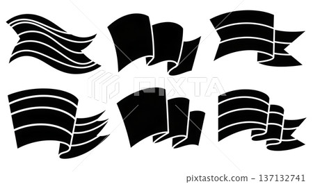 Black Solid Waving Flag Silhouettes Set of Six on White Background Black Solid Waving Flag Silhouettes Set of Six on White Background 137132741