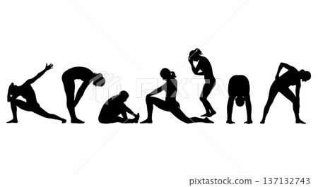 Black Solid Flexibility Stretch Lunge Silhouettes Set of Six on White Background 137132743