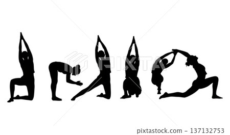 Black Solid Flexibility Stretch Yoga Poses Silhouettes Set of Six on White Background Black Solid Flexibility Stretch Yoga Poses Silhouettes Set of Six on White Background 137132753
