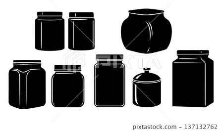 Black Solid Flour Storage Silhouettes Set of Six on White Background Black Solid Flour Storage Silhouettes Set of Six on White Background 137132762