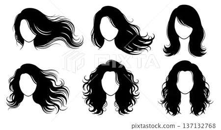Black Solid Flowing Hair Strand Silhouettes Set of Six on White Background Black Solid Flowing Hair Strand Silhouettes Set of Six on White Background 137132768
