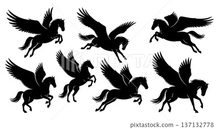 Black Solid Flying Pegasus Silhouettes Set of Six on White Background 137132778