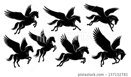 Black Solid Flying Pegasus Silhouettes Set of Six on White Background Black Solid Flying Pegasus Silhouettes Set of Six on White Background 137132781