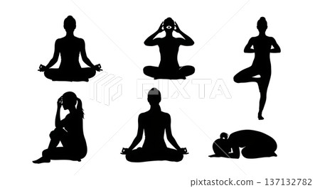 Black Solid Focus Clarity Meditative Silhouettes Set of Six on White Background 137132782
