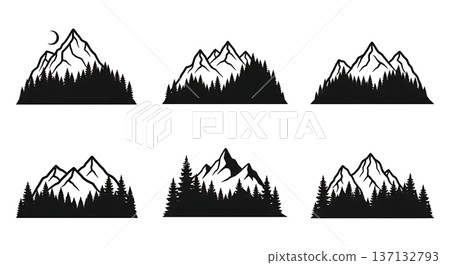 Black Solid Forested Mountain Ridge Silhouettes Set of Six on White Background 137132793