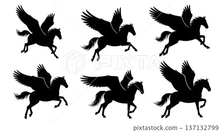 Black Solid Formation Flight Pegasus Silhouettes Set of Six on White Background Black Solid Formation Flight Pegasus Silhouettes Set of Six on White Background 137132799