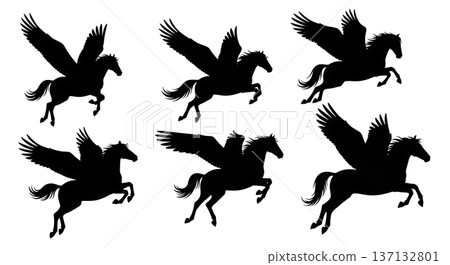 Black Solid Formation Gliding Pegasus Silhouettes Set of Six on White Background 137132801