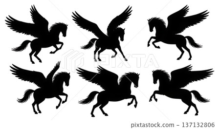 Black Solid Formation Landing Pegasus Silhouettes Set of Six on White Background Black Solid Formation Landing Pegasus Silhouettes Set of Six on White Background 137132806