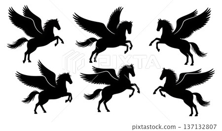 Black Solid Formation Landing Pegasus Silhouettes Set of Six on White Background 137132807