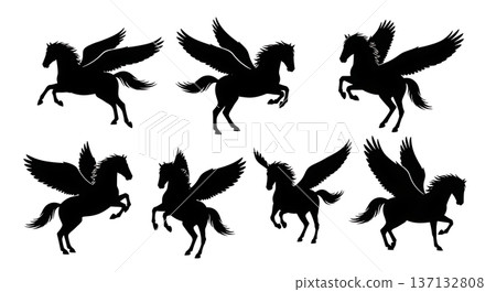Black Solid Formation Landing Pegasus Silhouettes Set of Six on White Background Black Solid Formation Landing Pegasus Silhouettes Set of Six on White Background 137132808