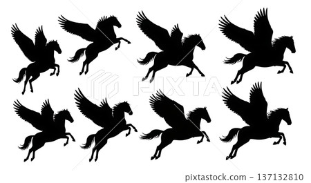 Black Solid Formation Takeoff Pegasus Silhouettes Set of Six on White Background 137132810