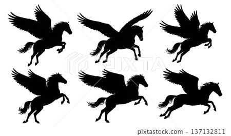 Black Solid Formation Takeoff Pegasus Silhouettes Set of Six on White Background 137132811