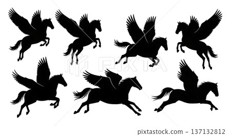 Black Solid Formation Takeoff Pegasus Silhouettes Set of Six on White Background 137132812