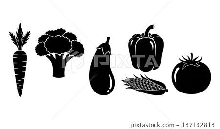 Black Solid Garden Vegetable Silhouettes Set of Six on White Background Black Solid Garden Vegetable Silhouettes Set of Six on White Background 137132813