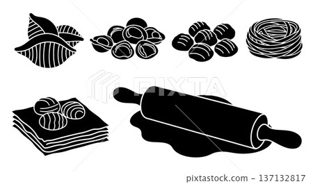 Black Solid Pasta Making Silhouettes Set of Six on White Background Black Solid Pasta Making Silhouettes Set of Six on White Background 137132817
