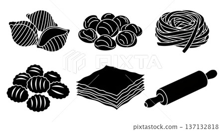 Black Solid Pasta Making Silhouettes Set of Six on White Background Black Solid Pasta Making Silhouettes Set of Six on White Background 137132818