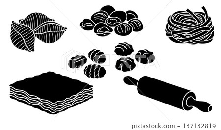 Black Solid Pasta Making Silhouettes Set of Six on White Background Black Solid Pasta Making Silhouettes Set of Six on White Background 137132819