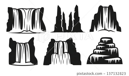 Black Solid Frozen Ice Waterfall Silhouettes Set of Six on White Background Black Solid Frozen Ice Waterfall Silhouettes Set of Six on White Background 137132823