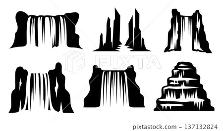 Black Solid Frozen Ice Waterfall Silhouettes Set of Six on White Background Black Solid Frozen Ice Waterfall Silhouettes Set of Six on White Background 137132824