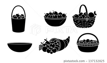 Black Solid Fruit Basket Silhouettes Set of Six on White Background Black Solid Fruit Basket Silhouettes Set of Six on White Background 137132825