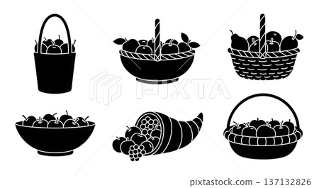 Black Solid Fruit Basket Silhouettes Set of Six on White Background 137132826