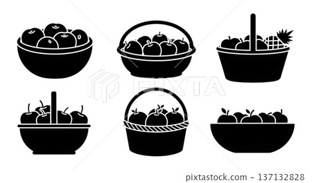 Black Solid Fruit Basket Silhouettes Set of Six on White Background Black Solid Fruit Basket Silhouettes Set of Six on White Background 137132828