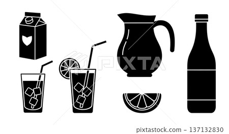 Black Solid Fruit Juice Silhouettes Set of Six on White Background Black Solid Fruit Juice Silhouettes Set of Six on White Background 137132830