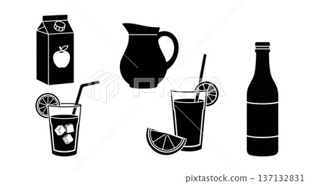 Black Solid Fruit Juice Silhouettes Set of Six on White Background Black Solid Fruit Juice Silhouettes Set of Six on White Background 137132831