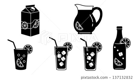 Black Solid Fruit Juice Silhouettes Set of Six on White Background Black Solid Fruit Juice Silhouettes Set of Six on White Background 137132832