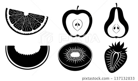 Black Solid Fruit Slice Silhouettes Set of Six on White Background 137132833